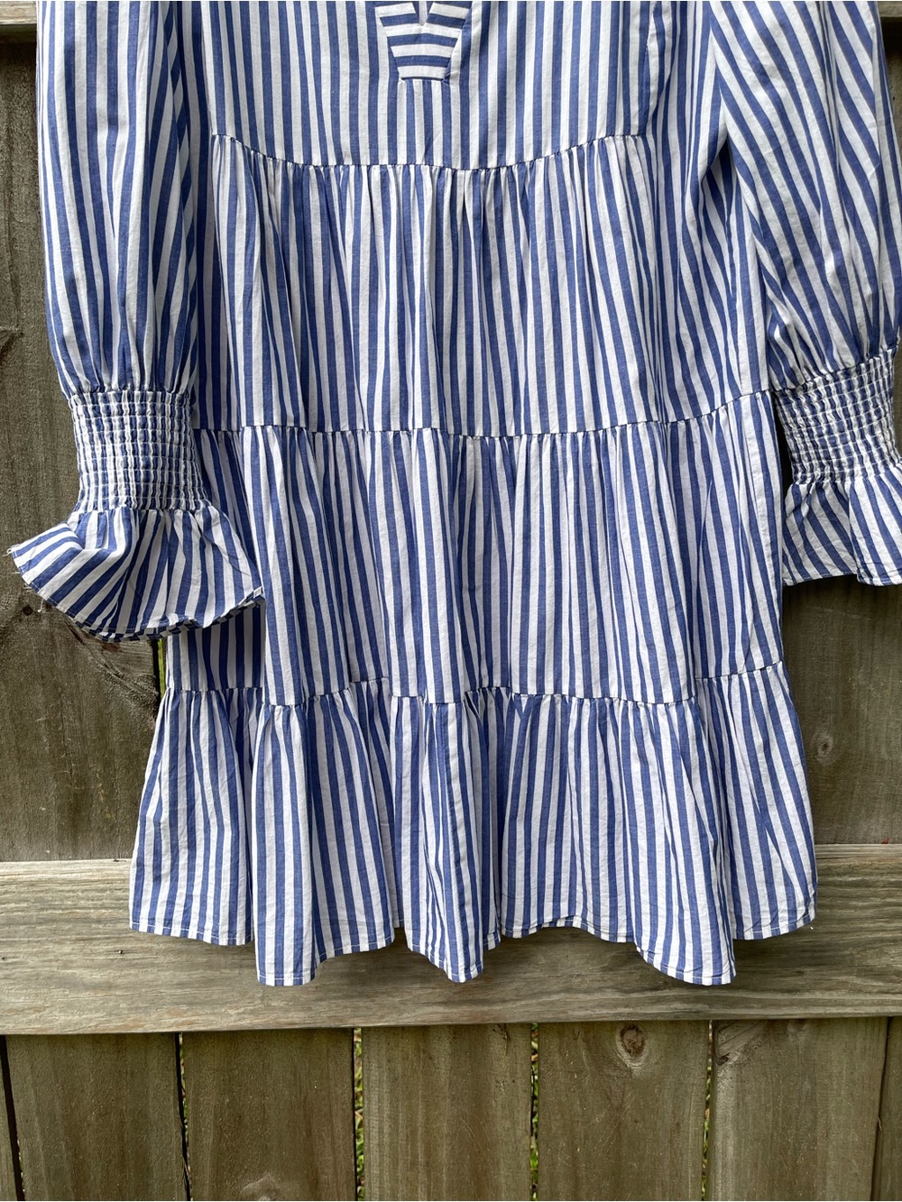 Pomander Place Navy and White Striped Tiered Long Sleeve Dress - Picture 3 of 11